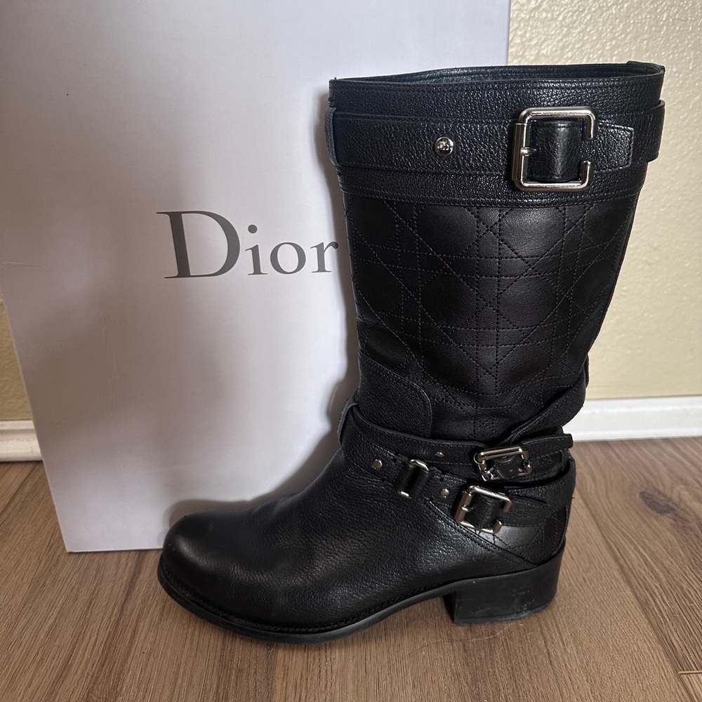 Christian Dior Cannage Black Leather Mid-Calf Biker Boots